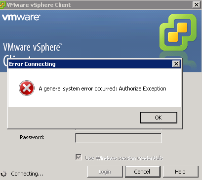 vmware a general system error occurred authorize exception