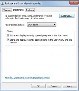 taskbar and start menu properties