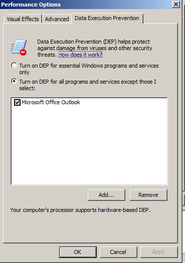 outlook 2003 disable dep