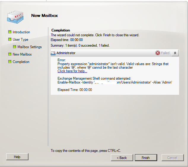 Cannot Create Mailbox In Exchange – Property Expression Isnt Valid