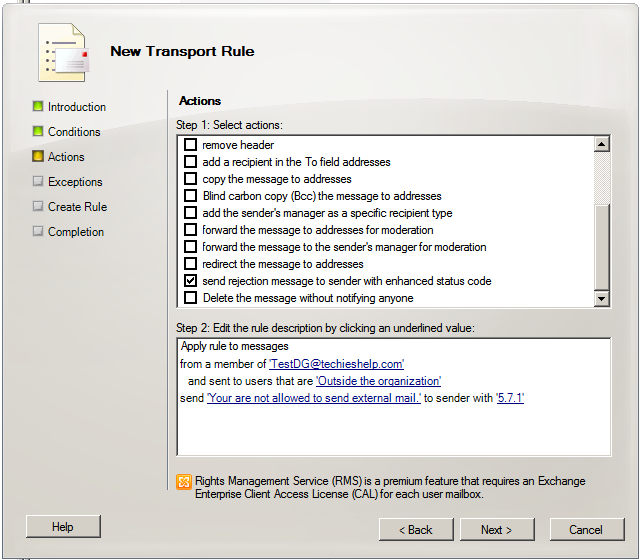 setup rule stop stop external email in exchange 2010