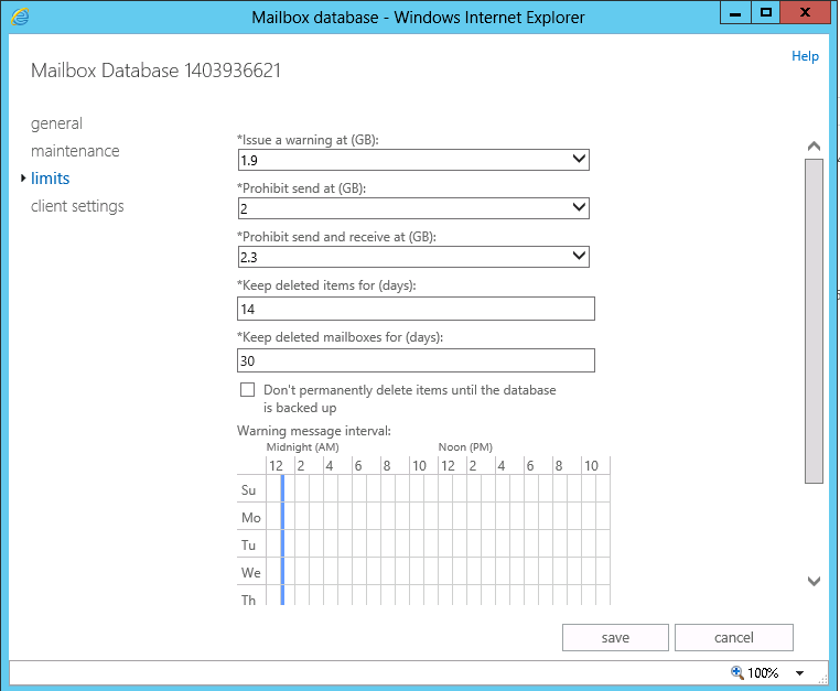 Configure Exchange 2013 mailbox limits