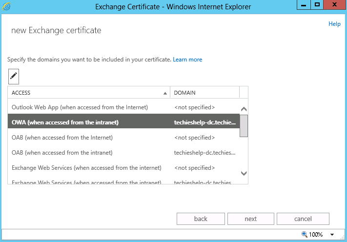 Exchange 2013 select certificate domains