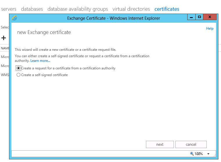 create a new certificate Exchange 2013