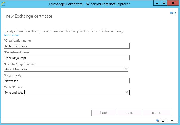 enter exchange 2013 certificate details