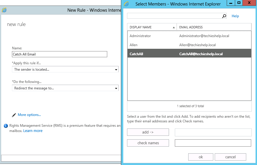 redirect exchange 2013 email if no recipient