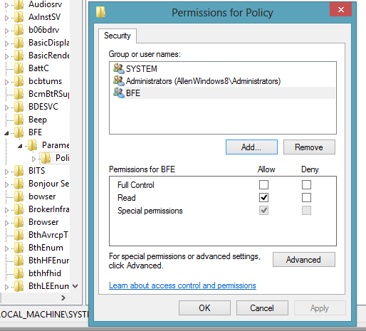 BFE registry permissions