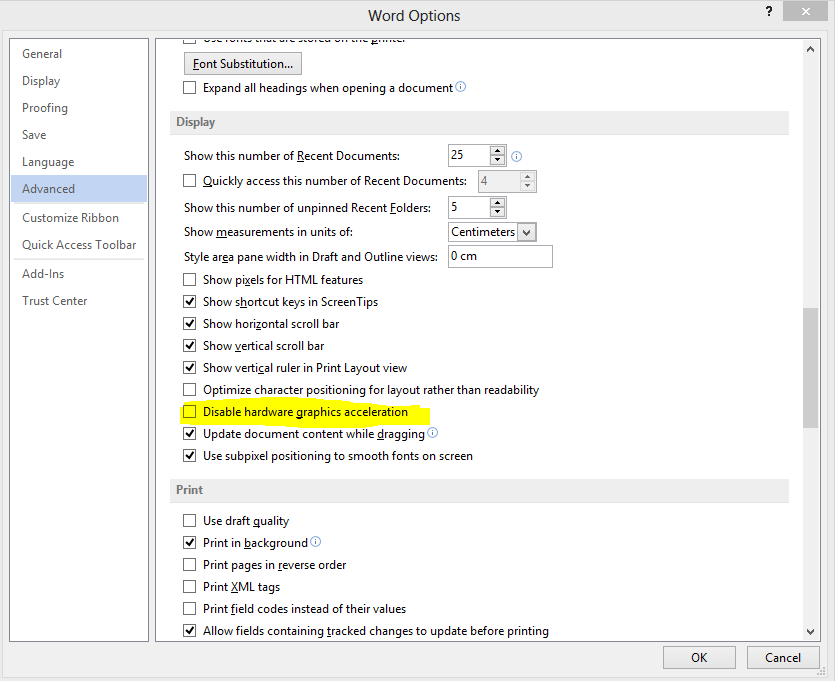 disable hardware acceleration in office 2013