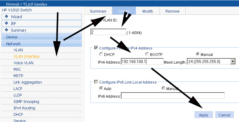 CREATE VLAN INTERFACE hp v 1910