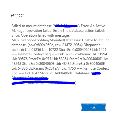 Exchange 2013 Failed to Mount 6th Database An Active Manager Operation Failed