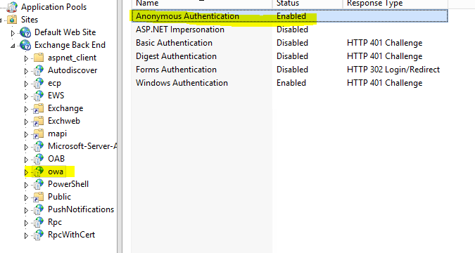 enable exchange back end anonymous permissions
