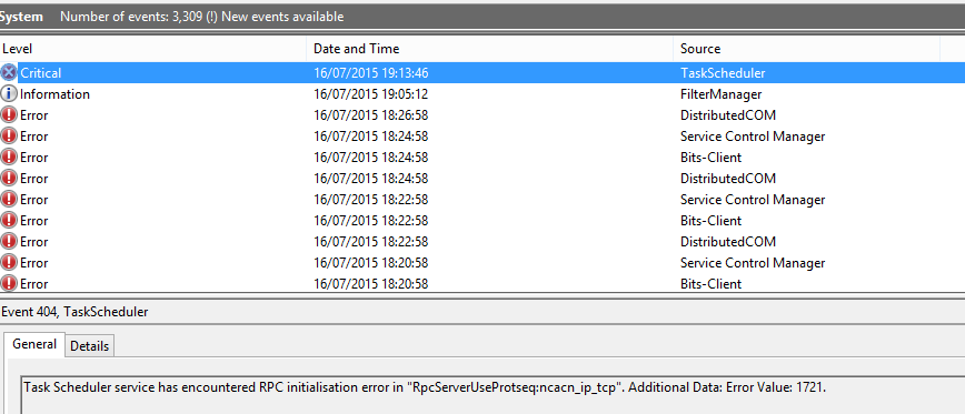 Task Scheduler service has encountered RPC initialisation error in "RpcServerUseProtseq:ncacn_ip_tcp". Additional Data: Error Value: 1721.