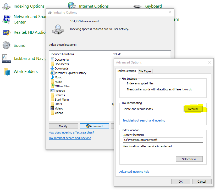 Windows 10 rebuild search index guide