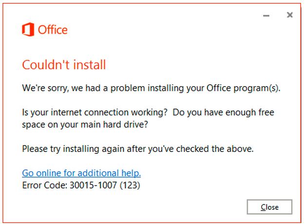 Office 2016 Couldn't Install error 30015-1007