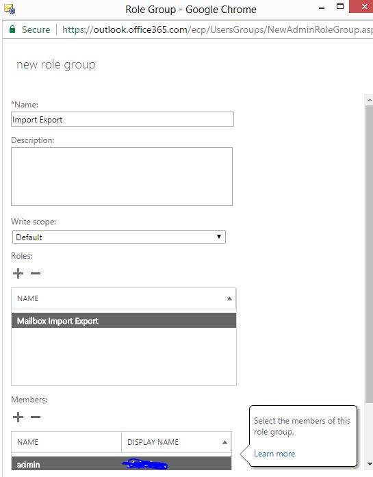 please add mailbox import export role office 365