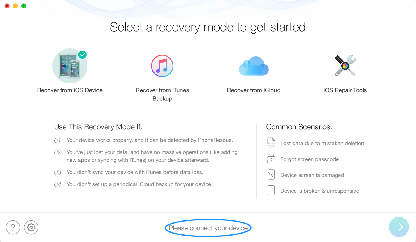  How to Recover Lost Data on iPhone/iPad during Upgrading to iOS 13 via PhoneRescue - Step 1